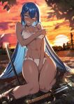  1girl abs absurdres bangs bare_shoulders black_socks blue_eyes blue_hair blush bra clenched_teeth cloud cluseller covering covering_breasts covering_crotch dark-skinned_female dark_skin grass highres katana kneehighs long_hair looking_at_viewer navel original outdoors panties sheath sitting socks solo sunset sword tears teeth torn_clothes underwear weapon white_bra white_panties 