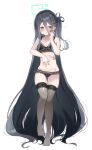 1girl absurdly_long_hair alternate_costume aris_(blue_archive) ass_visible_through_thighs bare_arms bare_shoulders black_bra black_hair black_hairband black_panties black_thighhighs blue_archive blue_eyes blush bra breasts collarbone feet full_body hair_between_eyes hairband halo highres lace-trimmed_bra lace-trimmed_panties lace_trim long_hair looking_at_viewer namekuji_(namekuzu) navel no_shoes one_side_up panties simple_background small_breasts solo standing standing_on_one_leg stomach thigh_gap thighhighs underwear underwear_only very_long_hair white_background 