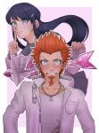  1boy 1girl arrow_(projectile) bangs blood chain clenched_teeth collarbone danganronpa:_trigger_happy_havoc danganronpa_(series) facial_hair goatee grey_eyes hair_ornament hairclip highres index_finger_raised jacket kuwata_leon long_hair looking_at_viewer love_letter maizono_sayaka mokuzou_(mokumokuzo) open_clothes open_jacket orange_hair outline pink_blood print_shirt sailor_collar shiny shiny_hair shirt smile sweat teeth two-tone_background upper_body white_jacket white_outline white_shirt 