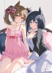  2girls :&lt; :d absurdres animal_ears bangs bare_arms bare_shoulders black_hair black_jacket blue_eyes blush bow breasts brown_hair camisole cleavage closed_mouth collarbone dress eishin_flash_(umamusume) etesumsom frilled_pillow frills hair_between_eyes hair_bow highres horse_ears jacket long_sleeves medium_breasts multiple_girls off_shoulder on_bed open_clothes open_jacket pillow pink_bow pink_camisole pink_shorts purple_bow red_bow red_eyes short_shorts shorts sitting sleeveless sleeveless_dress smart_falcon_(umamusume) smile strap_slip twintails umamusume wide_sleeves 