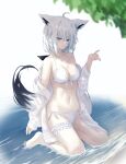  1girl absurdres ahoge animal_ear_fluff animal_ears bangs bikini blurry blurry_background braid breasts bridal_garter cleavage commentary_request earrings fox_ears fox_girl fox_shadow_puppet fox_tail green_eyes hair_between_eyes highres hololive jewelry long_hair medium_breasts nash11 navel open_clothes open_shirt pentagram shirakami_fubuki shirt sidelocks single_braid solo swimsuit tail twitter_username virtual_youtuber wading white_bikini white_hair white_shirt 