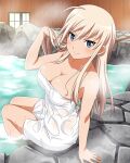  1girl artist_request blonde_hair blue_eyes blush breasts cleavage closed_mouth collarbone hanna-justina_marseille large_breasts long_hair looking_at_viewer naked_towel official_art onsen shiny shiny_hair sitting smile solo sweat towel world_witches_series 