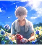  1boy aki_(neyuki41028) aldnoah.zero bangs bird blue_eyes blue_flower blue_rose blue_sky blush border closed_mouth cloud collarbone flower gloves grey_gloves grey_hair grey_shirt hair_between_eyes letterboxed male_focus rose shirt short_hair short_sleeves sky slaine_troyard solo sweatdrop t-shirt towel towel_around_neck white_border 