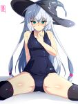  1girl black_headwear black_thighhighs blue_eyes blue_one-piece_swimsuit breasts commentary_request hat highres long_hair medium_breasts old_school_swimsuit original school_swimsuit sebunsu simple_background sitting solo swimsuit thighhighs wariza white_background white_hair witch_hat 