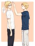  black_shirt blonde_hair brothers brown_eyes glasses grey_pants haikyuu!! looking_at_another male_focus pants shirt short_hair short_sleeves siblings standing sweatpants t-shirt tsukishima_akiteru tsukishima_kei wai white_pants white_shirt 