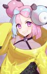  1girl aqua_hair bow-shaped_hair character_hair_ornament hair_ornament hexagon_print iono_(pokemon) jacket long_hair low-tied_long_hair multicolored_hair pink_hair pokemon pokemon_(game) pokemon_sv sharp_teeth solo teeth tokifuji_kougetsu twintails two-tone_hair very_long_hair very_long_sleeves x yellow_jacket 