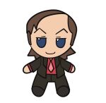  1boy better_call_saul blue_eyes breaking_bad brown_hair business_suit c: character_doll chibi closed_mouth english_commentary formal full_body fumo_(doll) long_sleeves looking_at_viewer male_focus necktie no_nose pink_necktie red_necktie saul_goodman simple_background slaygoodman smile solo straight-on suit white_background 