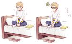  ! !! 1boy bed bed_sheet blonde_hair blue_pants brown_eyes full_body glasses haikyuu!! long_sleeves looking_at_viewer male_focus pants pillow shirt short_hair sitting slippers smile socks solo translation_request tsukishima_kei volleyball wai white_shirt white_socks 