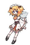  1girl ascot bow fairy_wings flandrerus full_body hair_bow hairband highres juliet_sleeves long_sleeves orange_ascot puffy_sleeves self_upload simple_background solo sunny_milk touhou two_side_up white_background white_hairband wide_sleeves wings 