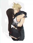  1boy 1girl arm_guards armor bare_shoulders black_gloves black_hair black_skirt black_thighhighs blonde_hair brown_hair closed_eyes cloud_strife couple crop_top earrings elbow_gloves final_fantasy final_fantasy_vii final_fantasy_vii_remake gloves highres hug jewelry kiss long_hair low-tied_long_hair perlmuttt shoulder_armor skirt spiked_hair standing suspender_skirt suspenders sweater tank_top thighhighs tifa_lockhart turtleneck turtleneck_sweater undershirt white_tank_top zettai_ryouiki 