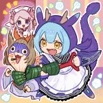  3girls :d animal_ears apron ash_blossom_&amp;_joyous_spring bangs bangs_pinned_back blue_gloves blue_hair blue_kimono blush_stickers bow brown_hair called_by_the_grave chibi commentary dog_ears dragon_girl dragon_horns dragon_tail dress duel_monster fang full_body ghost ghost_tail gloves hair_between_eyes hair_bow hair_ornament hairclip hat highres holding horns hucydin japanese_clothes kimono laundry_dragonmaid long_hair long_sleeves maid maid_apron maxx_c multicolored_hair multiple_girls notice_lines nurse_cap nurse_dragonmaid objectification open_mouth parted_bangs pink_gloves pink_hair pink_horns purple_eyes shaded_face short_hair sidelocks smile standing strangling symbol-only_commentary tail wa_maid white_kimono yellow_eyes yu-gi-oh! 