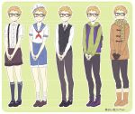  5boys aged_down black_footwear black_gloves black_pants black_ribbon black_socks black_vest blonde_hair blue_sailor_collar blue_shorts blue_vest boots brown_coat brown_eyes brown_footwear brown_shorts coat collared_shirt full_body glasses gloves green_hoodie haikyuu!! hat hood hoodie kneehighs long_sleeves male_focus multiple_boys neckerchief pants red_neckerchief ribbon sailor_collar sailor_hat sailor_shirt scarf shirt short_hair short_sleeves shorts socks standing suspenders tsukishima_kei vest wai white_shirt white_socks 