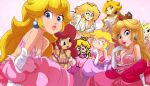  6+girls absurdres blonde_hair blue_eyes bra brown_hair crown dress frilled_bra frills gloves highres inker_comics mario_(series) mini_crown multiple_girls multiple_persona off_shoulder paper_mario pink_bra pink_dress pink_lips princess_peach red_lips short_sleeves smile super_mario_64 the_super_mario_bros._movie the_super_mario_bros._super_show! underwear undressing v white_gloves 