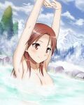  1girl armpits arms_up artist_request blush breasts closed_mouth collarbone highres large_breasts long_hair looking_at_viewer minna-dietlinde_wilcke mountain nude official_art onsen orange_eyes outdoors red_hair shiny shiny_hair sky smile snow solo strike_witches world_witches_series 