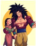  bare_pectorals biceps body_fur chi-chi_(dragon_ball) closed_eyes dragon_ball dragon_ball_gt height_difference highres husband_and_wife locked_arms monkey_boy monkey_tail open_mouth pectorals pink_hair relio_db318 short_hair side-by-side son_goku spiked_hair super_saiyan super_saiyan_4 tail 