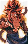  absurdres bare_pectorals biceps blue_eyes blue_sash body_fur brown_fur dragon_ball dragon_ball_gt glint glitter gogeta highres light_particles looking_at_viewer metamoran_vest monkey_boy monkey_tail no_nipples obi pants pectorals red_hair relio_db318 sash solo sparkle spiked_hair super_saiyan super_saiyan_4 tail veins veiny_hands white_pants 