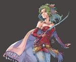  1girl argyle_pantyhose artist_name bangs bare_shoulders blue_eyes bracelet breasts bridal_gauntlets cape cleavage collarbone cowboy_shot detached_sleeves dress earrings final_fantasy final_fantasy_vi green_hair grey_background hair_ribbon highres holding holding_sword holding_weapon jewelry josh_corpuz long_hair looking_back medium_breasts parted_bangs ponytail red_dress red_sleeves ribbon short_dress solo strapless strapless_dress sword tina_branford tube_dress waist_sash wavy_hair weapon 