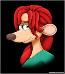  aardman_animations anthro black_background brown_nose clothing dreamworks english_text female flushed_away green_clothing green_eyes hair looking_aside looking_at_viewer mammal murid murine rat red_hair rita_malone rodent simple_background smile solo text verona7881 watermark 