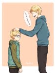  1boy 2boys black_pants blonde_hair blue_hoodie brothers brown_eyes closed_eyes cowboy_shot glasses green_hoodie green_vest haikyuu!! hand_on_another&#039;s_head height_difference hood hoodie long_sleeves male_focus multiple_boys open_mouth pants profile short_hair siblings solo standing teeth tsukishima_akiteru tsukishima_kei upper_teeth vest wai 