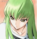  1girl artist_name c.c. closed_mouth code_geass collarbone edkas green_hair hair_between_eyes highres long_hair looking_to_the_side portrait solo straight_hair yellow_eyes 