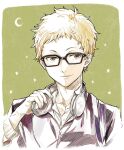  1boy blonde_hair brown_eyes collared_shirt crescent_moon glasses green_background haikyuu!! headphones headphones_around_neck long_sleeves looking_at_viewer male_focus moon parted_lips school_uniform shirt short_hair sketch solo tsukishima_kei upper_body wai white_shirt 