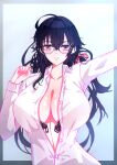  1girl absurdres azur_lane bespectacled black_bra black_hair bra bra_visible_through_clothes breasts center_opening cleavage collared_shirt glasses highres huge_breasts long_hair long_sleeves looking_at_viewer open_bra partially_unbuttoned red_eyes renfura round_eyewear shirt simple_background solo taihou_(azur_lane) underwear upper_body white_shirt 