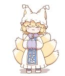  1girl :3 closed_mouth dress facing_viewer fox_girl fox_tail full_body hands_in_opposite_sleeves hat kitsune multiple_tails pillow_hat poronegi simple_background solo standing tabard tail touhou white_background white_dress white_headwear yakumo_ran 
