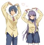  1boy 1girl absurdres blue_eyes blue_hair blush clannad closed_mouth fujibayashi_kyou hair_ribbon heart highres hikarizaka_private_high_school_uniform long_hair mr1thonk nervous okazaki_tomoya purple_eyes purple_hair ribbon school_uniform short_hair smile sweatdrop thighhighs white_thighhighs 