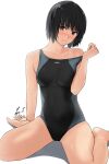  1girl amagami barefoot black_hair black_one-piece_swimsuit bob_cut breasts brown_eyes clothes_pull competition_swimsuit highres looking_at_viewer nanasaki_ai one-piece_swimsuit one-piece_swimsuit_pull short_hair signature simple_background small_breasts solo swimsuit tan tanlines white_background yoo_tenchi 