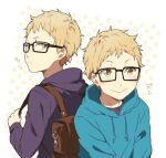  1boy aged_down bag blonde_hair blue_hoodie blush brown_eyes glasses haikyuu!! hood hoodie long_sleeves looking_at_viewer male_focus polka_dot polka_dot_background purple_hoodie school_bag short_hair solo tsukishima_kei upper_body wai 