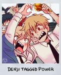  1girl 2boys black_hair black_necktie blue_jacket brown_hair chainsaw_man chicken_(food) chicken_leg collared_shirt denji_(chainsaw_man) food fox_shadow_puppet hair_between_eyes hayakawa_aki holding holding_food horns jacket long_hair lowres multiple_boys necktie omori open_mouth osulan parody picture_(object) power_(chainsaw_man) red_eyes red_horns sharp_teeth shirt short_hair style_parody teeth tongue tongue_out topknot white_shirt yellow_eyes 