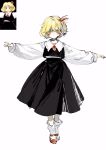  1girl absurdres black_skirt black_vest blonde_hair bow closed_mouth collared_shirt colored_eyelashes frilled_shirt_collar frills full_body hair_bow highres long_sleeves mary_janes official_art_inset orange_eyes outstretched_arms red_bow red_footwear rumia shirt shoes short_hair simple_background skirt smile socks spread_arms touhou vest white_background white_shirt white_socks zhixie_jiaobu zun_(artist) 