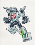  absurdres autobot blue_eyes clenched_hands full_body highres looking_up mecha nate_(pixelartist95) no_humans painting_(medium) robot science_fiction shoulder_cannon simple_background solo traditional_media transformers watercolor_(medium) wheeljack white_background 