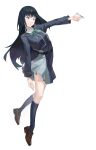  :&lt; absurdres arm_at_side bangs belt black_belt black_hair black_socks blue_jacket blue_skirt breasts brown_footwear commentary english_commentary finger_gun foot_up full_body highres holding inoue_takina jacket kneehighs loafers long_hair looking_ahead lycoris_recoil lycoris_uniform medium_breasts outstretched_arms parted_lips psy-cho purple_eyes rubber_band shoes simple_background skirt socks tiptoes very_long_hair white_background 