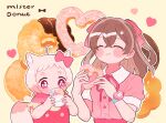 2girls ahoge animal_ears bangs bow brown_hair cat_ears closed_eyes delicious_party_precure doughnut eating food hair_bow heart heart-shaped_food kiocotton kome-kome_(precure)_(human) long_hair multiple_girls nagomi_yui pink_bow pink_hair precure short_sleeves two_side_up watch wristwatch 