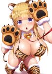  animal_ears animal_hands animal_print bell bikini blonde_hair breasts fletcher_(kancolle) highres jingle_bell kantai_collection large_breasts long_hair m-bon_(karakuriyudo) purple_eyes swimsuit tail tiger_ears tiger_paws tiger_print tiger_stripes tiger_tail 