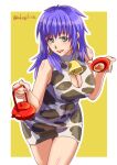  1girl akogi animal_print arc_the_lad arc_the_lad_ii bell blue_eyes blue_hair blush breasts cleavage cleavage_cutout clothing_cutout cow_print dress earrings highres jewelry large_breasts long_hair looking_at_viewer mole mole_under_mouth open_mouth shante_(arc_the_lad) smile solo 