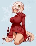  alcohol anthro beverage big_breasts blue_eyes blush bottomless breasts canid canine canis clothed clothing coffeechicken container cup domestic_dog drinking_glass drunk female floppy_ears fur glass glass_container glass_cup hair hi_res holding_beverage holding_object kneeling lingerie looking_away mammal mistletoe panties plant simple_background solo substance_intoxication sweater tan_body tan_fur topwear underwear vao_(coffeechicken) white_body white_fur white_hair wine wine_bottle wine_glass 