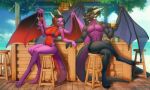  alcohol anthro bar_counter barefoot beach beverage bikini black_body black_hair breasts claws clothing cloud cocktail cocktail_bar collar counter day dragon duo eye_contact eyewear feet female furniture glasses hair holding_beverage holding_object horn iskra looking_at_another male navel neckwear nipple_outline outside purple_body red_body scalie scar sea seaside sitting sky smile spread_wings stool sunglasses swimming_trunks swimwear water wings 
