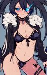  1girl :| absurdres ass_visible_through_thighs bikini black_bikini black_choker black_hair black_jacket black_nails black_rock_shooter black_rock_shooter_(character) blue_eyes blue_fire blush breasts chain choker cleavage closed_mouth contrapposto dqn_(rokomoko0) fingernails fire flaming_eye front-tie_bikini_top front-tie_top fur_collar glowing glowing_eye highres jacket leg_tattoo long_hair looking_at_viewer medium_breasts midriff multiple_scars navel open_clothes open_jacket pale_skin scar scar_on_stomach side-tie_bikini_bottom solo standing swimsuit tattoo thigh_strap twintails uneven_twintails 