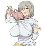  1girl bangs bra bra_pull breasts closed_eyes clothes_pull covered_nipples grey_hair highres huge_breasts long_sleeves mature_female onsen_tamago_(hs_egg) open_mouth pink_bra removing_bra shirt simple_background underwear uzaki-chan_wa_asobitai! uzaki_tsuki white_background white_shirt 