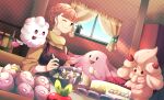  1girl alcremie applin apron bowl braid brown_eyes brown_hair cake chansey character_request curtains dutch_angle egg exeggcute food fruit highres houzuki_ringo indoors oddish one_eye_closed pokemon pokemon_(creature) red_eyes short_hair strawberry swirlix tongue tongue_out whisk window 