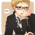  1boy black_jacket blonde_hair brown_eyes collared_shirt gakuran glasses haikyuu!! headphones headphones_around_neck jacket long_sleeves looking_at_viewer lower_teeth male_focus open_mouth rio_(rio_01) school_uniform shirt short_hair solo teeth tsukishima_kei white_shirt 