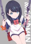  1girl bangs between_legs black_hair black_shirt blue_eyes copyright_name from_above grey_background gridman_universe gridman_universe_(film) hand_between_legs highres kneehighs long_hair looking_at_viewer miniskirt necktie school_uniform shiny shiny_skin shirt short_sleeves showhey!! sitting skirt smile socks solo ssss.gridman sweater_vest swing takarada_rikka thick_thighs thighs vest white_vest 