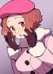  1girl :o beret blush breath brown_eyes brown_gloves brown_hair buttons do_m_kaeru fur-trimmed_jacket fur-trimmed_sleeves fur_trim gloves grey_background hat jacket long_sleeves looking_at_viewer official_alternate_costume okumura_haru persona persona_5 persona_5_the_royal pink_headwear pink_jacket short_hair simple_background solo upper_body winter_clothes 