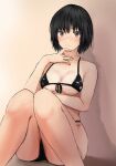  1girl :| amagami bangs bikini black_bikini black_hair blush breasts brown_background brown_eyes cleavage closed_mouth commentary expressionless feet_out_of_frame front-tie_bikini_top front-tie_top hand_on_own_chest hand_on_own_chin hands_on_lap highres knees_together_feet_apart knees_up looking_at_viewer medium_breasts micro_bikini nanasaki_ai nose_blush on_ground one-piece_tan shadow shiny_swimsuit short_hair sitting solo swimsuit tan tanlines yoo_tenchi 