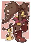  border bright_pupils brown_background closed_mouth commentary highres kurt_robinson looking_at_viewer mawile mega_mawile mega_pokemon outline pokemon pokemon_(creature) purple_eyes red_eyes smile white_border white_pupils 