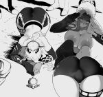  1girl ass ass_focus bangs begging braid breasts cameltoe crying fjern_(nyantcha) genshin_impact greyscale highres huge_ass large_breasts long_hair mole monochrome nervous nyantcha original parted_bangs scared short_shorts shorts single_thighhigh speech_bubble thick_thighs thighhighs thighs trefoil 