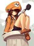  anchor backpack bag bike_shorts boa_(brianoa) brown_eyes brown_hair crocs fingerless_gloves gloves guilty_gear hat highres holding holding_anchor hood hoodie looking_at_viewer may_(guilty_gear) orange_footwear orange_headwear orange_hoodie pirate_hat signature sitting skull skull_and_crossbones smile 
