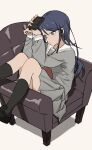  1girl armchair arms_up black_footwear black_socks blue_eyes blue_hair brown_background chair closed_mouth commentary dark_blue_hair digital_media_player earbuds earphones easy_chair expressionless feet_out_of_frame grey_serafuku grey_shirt grey_skirt hair_between_eyes highres holding holding_digital_media_player hoshino_ichika_(project_sekai) kneehighs legs_up light_blush loafers long_hair long_sleeves looking_away looking_down mgc52003625 miyamasuzaka_girls&#039;_academy_uniform neckerchief on_chair pleated_skirt project_sekai reclining red_neckerchief sailor_collar school_uniform serafuku shirt shoes simple_background skirt socks solo white_sailor_collar 